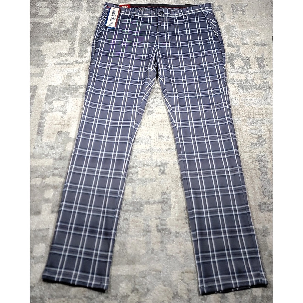 NWT Platino Mann Plaid Charcoal Golf Performance Skinny Fit Chino Pants SZ 38x32